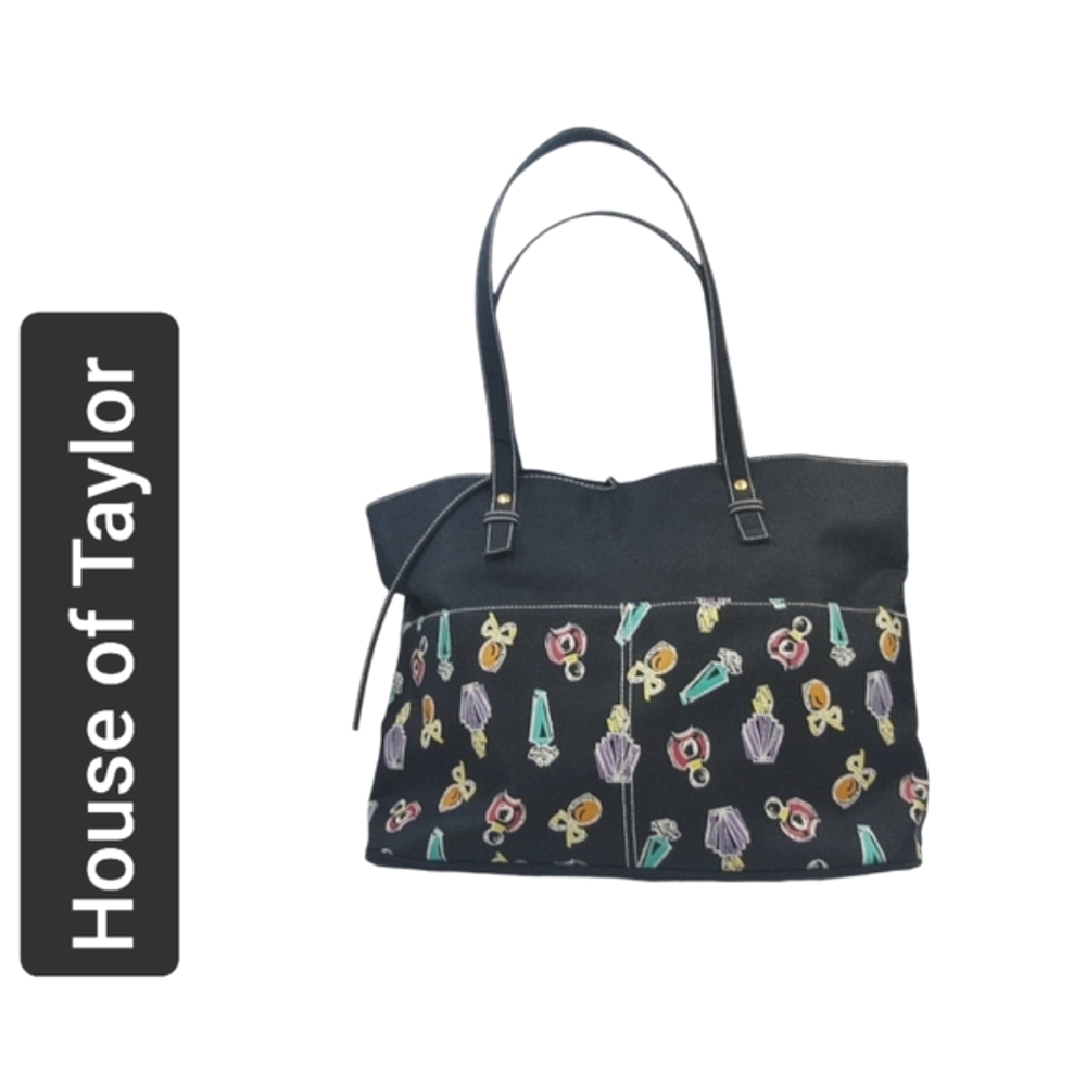 House of Taylor Colorful Tote Bag with Perfumes Printed on the Front